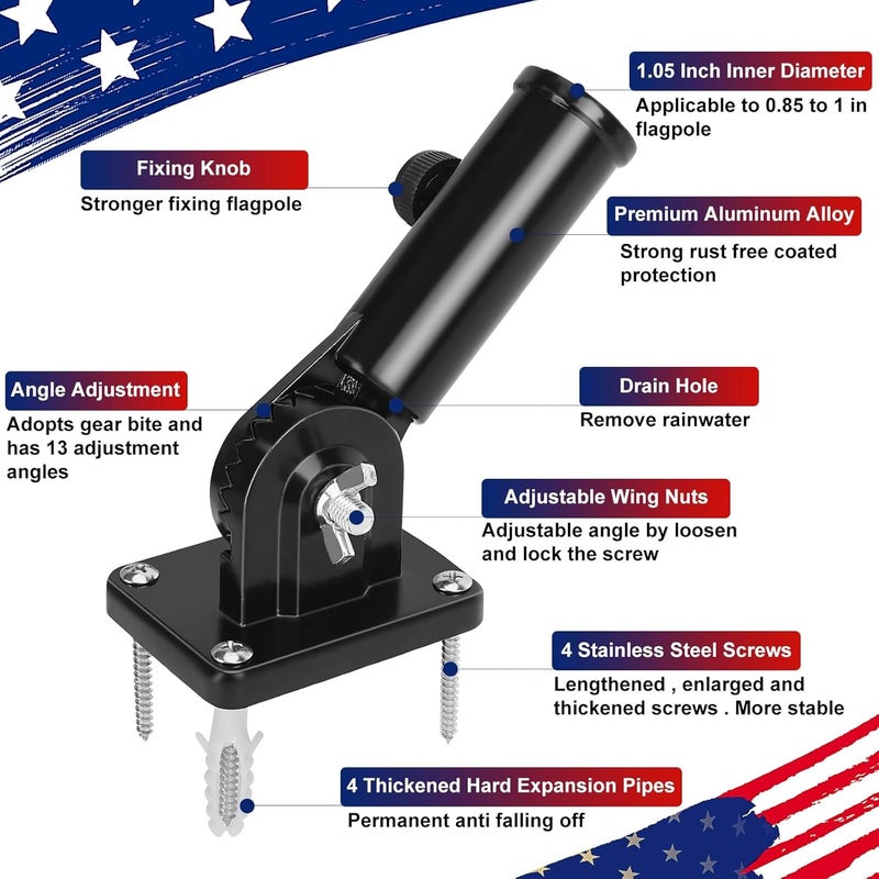 HPGOED Flag Pole Holder, Outside House Flag Pole Bracket, Heavy Duty Metal Flag Pole Mount, Aluminum Alloy Mounting Brackets, Adjustable Outdoor Flag Holder- Strong Rust Free, Multi-Position 1 inch Black - Image 3